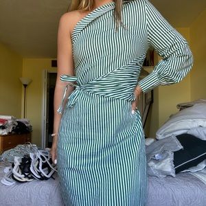Green and white one shoulder dress